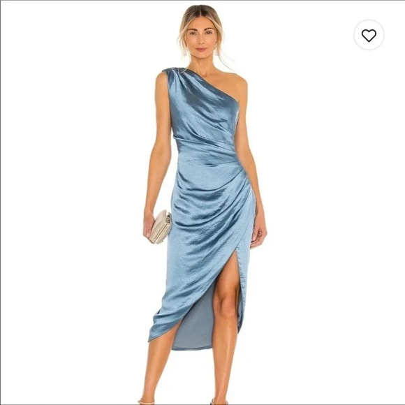 Elliatt Revolve Cassini One-Shoulder Satin Ruched Gown Dress Slit Blue Formal XS - Picture 3 of 9